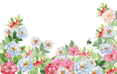 rose hip flowers background for postcard .watercolor illustration