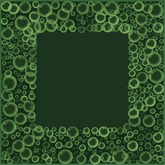 Frame with floating soap or soda bubbles pattern on green background.