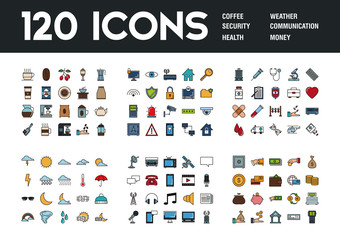 Set of 120 icons with different themes, vector illustration