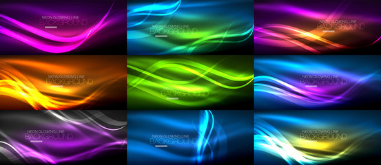Set of neon smooth light glowing waves in the dark, abstract backgrounds