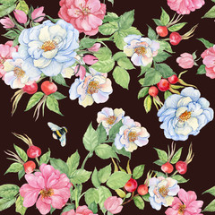 rosehips watercolor seamless pattern. white and pink flowers of wild roses.watercolor hand painting
