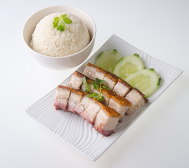 pork. BBQ Pork and Crispy Pork with Rice.