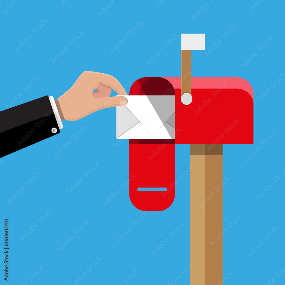 Poster red opened mailbox with regular mail inside.