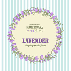 The lavender elegant card with frame of flowers and text. Lavender garland for your text presentation. Label of soap package. Label with lavender flowers. Vector illustration.