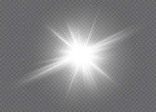 White glowing light explodes on a transparent background. Vector illustration of light decoration effect with ray. Bright Star.