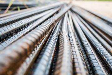 Deformed steel bars metal texture close up