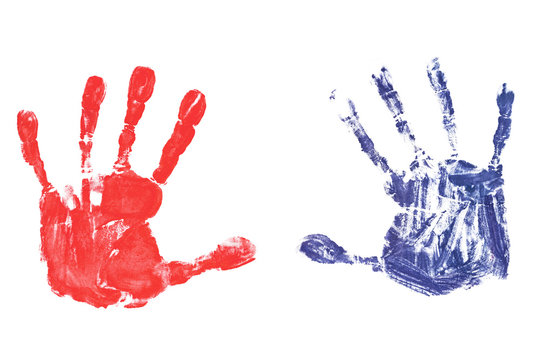 Colorful baby's handprints isolated on white background