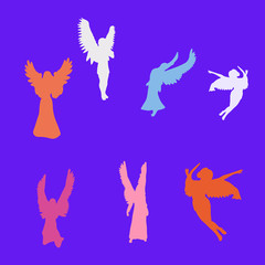 Fototapeta na wymiar Collection of angels of different colors, silhouette on blue background,