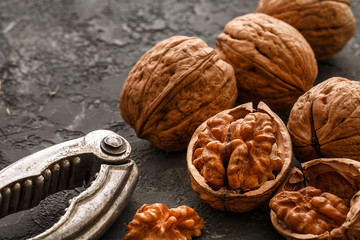 Walnuts  on dark stone  background, closeup. food concept