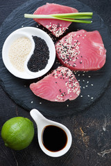Fresh uncooked tuna fillet with seasonings on a stone slate, vertical shot, flat-lay