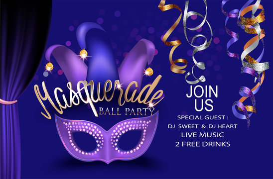 Masquerade ball party purple invitation banner with masquerade  deco object. Vector illustration