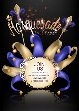 Masquerade party invitation banner with masquerade  deco object. Vector illustration