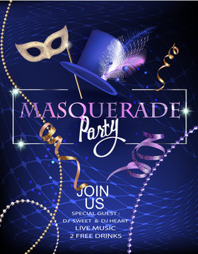 Masquerade party invitation card with beads, decorated hat and mask. Vector illustration