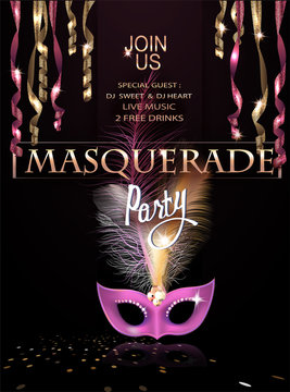 Masquerade party invitation card with hanging serpentine and mask with feathers. Vector illustration