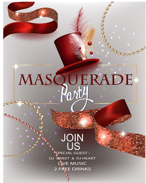 Masquerade party invitation card with hat with decorations, beads and ribbons. Vector illustration