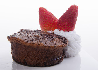 Chocolate fondant lava cake with strawberries