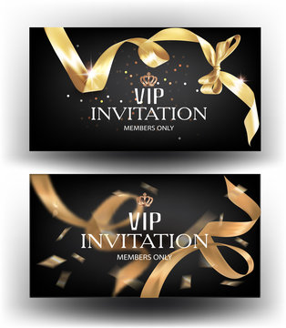 Vip invitation banners with curly gold ribbon. Vector illustration