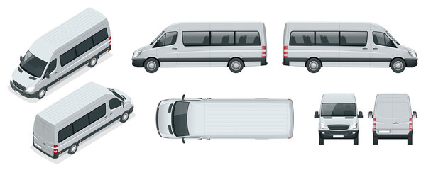 Realistic set of Van template Isolated passenger minibus for corporate identity and advertising. View from side, top, roof, rear, front, isometric. © Golden Sikorka