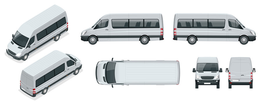 Realistic set of Van template Isolated passenger minibus for corporate identity and advertising. View from side, top, roof, rear, front, isometric.