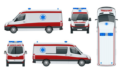 Ambulance Car. An emergency medical service, administering emergency care to those with acute medical problems. Side view, top, roof, rear, front. © Golden Sikorka