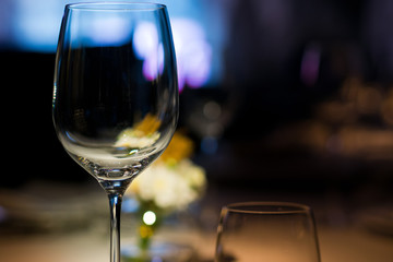 Empty glasses wine in restaurant. Glass water.dish spoon fork on table at restaurant