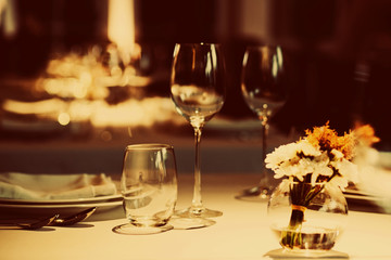 Empty glasses wine in restaurant. Glass water.dish spoon fork on table at restaurant