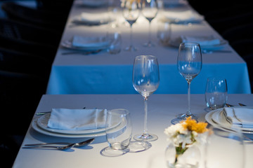 Empty glasses wine in restaurant. Glass water.dish spoon fork on table at restaurant
