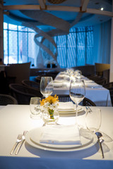 Empty glasses wine in restaurant. Glass water.dish spoon fork on table at restaurant