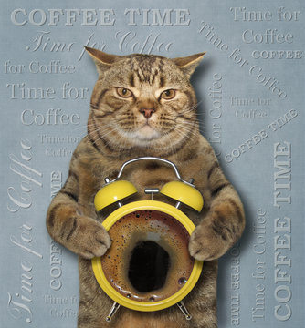 Fototapeta The cat holds a yellow alarm clock with coffee.