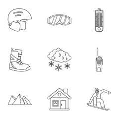 Vacation in mountains icons set, outline style
