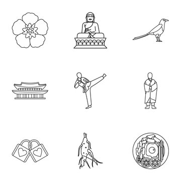 South Korea republic icons set, outline style