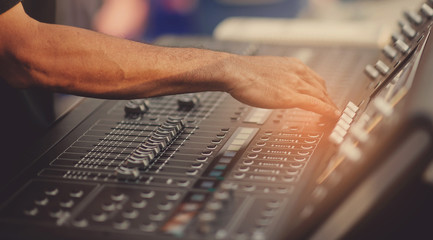 sound check for concert. Mixer control. Music engineer. Backstage 
