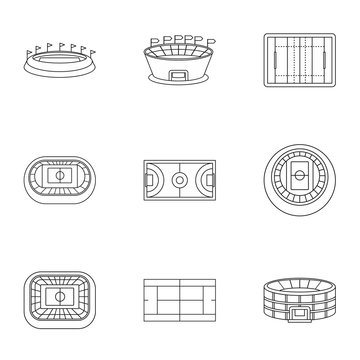 Game at stadium icons set, outline style