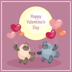Valentine’s Day greeting card with the image of cute cats and hearts. Colorful vector illustration.