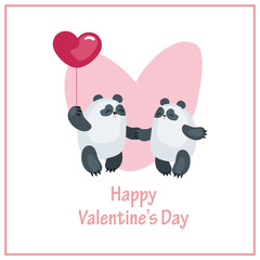 Valentine’s Day greeting card with the image of cute pandas and hearts. Colorful vector background.