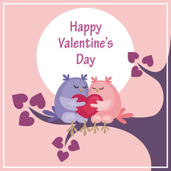 Valentine’s Day greeting card with the image of cute owls and heart. Colorful vector background.