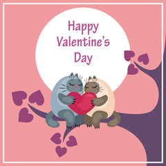 Valentine’s Day greeting card with the image of cute cats and hearts. Colorful vector illustration.