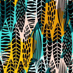 Tribal seamless pattern with abstract leaves. Hand draw texture. - obrazy, fototapety, plakaty