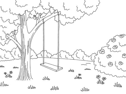 Tree swing graphic black white forest glade landscape sketch illustration vector