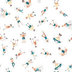 Fototapeta na wymiar Active lifestyle, sports entertainment outdoors. Young people in city park. Seamless pattern, vector background illustration on white.
