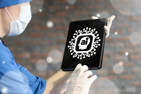 AI Microchips Medicina Modern Digital Equipment Integration concept. Artificial Intelligence Medical Information Technology. Doctor using tablet computer and selects cpu chip icon with head ai. - Powered by Adobe