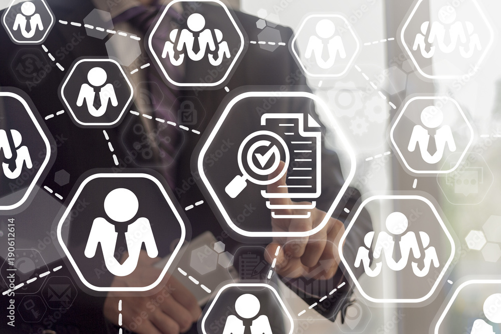 Aufkleber Assessment Business Office Team Work concept. Businessman presses files sheets of paper magnifying glass check mark button on a virtual touchscreen. Assess Social Network.