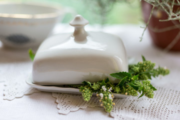 Fresh mint in vintage porcelain bowl