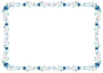 Floral frame template with blue flowers and swirly leaves on white background. Vector design illustration element for decoration, print, card, invitation.