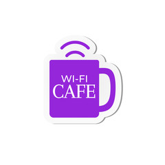 Wifi cafe logo. Wireless connection sticker. Purple cup