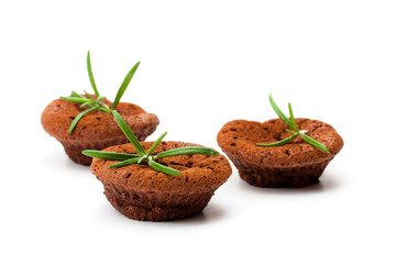 Homemade  chocolate brownies baked in muffin forms isolated in white