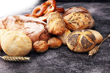 Different kinds of bread and bread rolls. Kitchen or bakery poster design