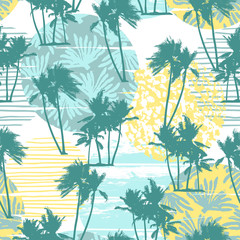 Seamless exotic pattern with tropical palms and geometric background.