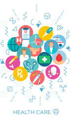 Medical health care web banner concept illustration. Flyer, brochure flat style design. Medicine icons. Online diagnosis flyer, brochure, website banner layout - 190614224