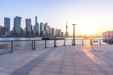 empty marble floor with cityscape